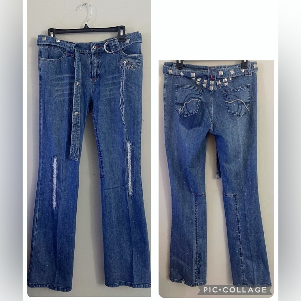 Vintage Y2K Ecko Red Flare Low Rise Jeans Distressed Casual Streetwear Mcbling